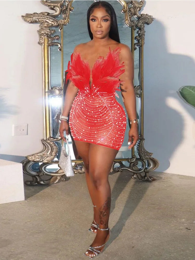 Feather Strapless V Neck Mesh Party Dress