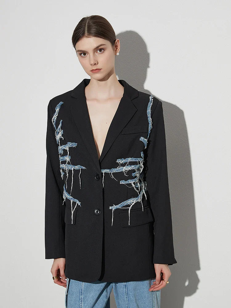 Fillipa Frayed Denim Line Patchwork Blazer