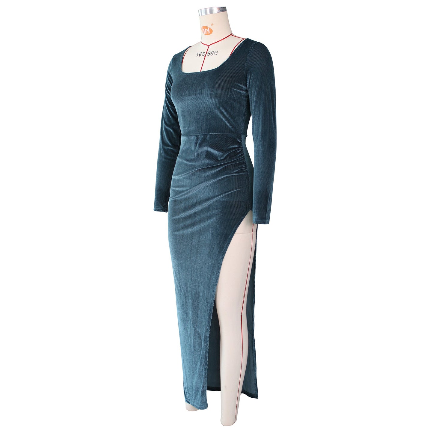 Elegant Velvet High Waist Slit Maxi Dress Long Sleeve Evening Party Dress