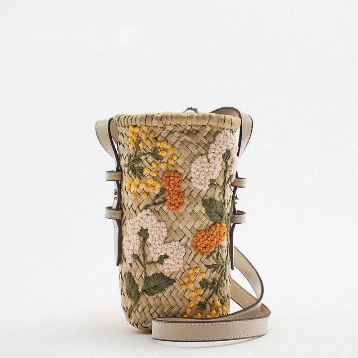 Praire Floral Embroidery Mini Straw Bucket Bag