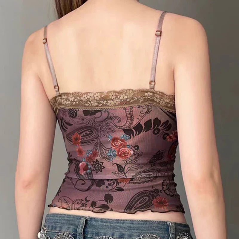 Y2K Grunge Floral Lace Trim V Neck Cami Top