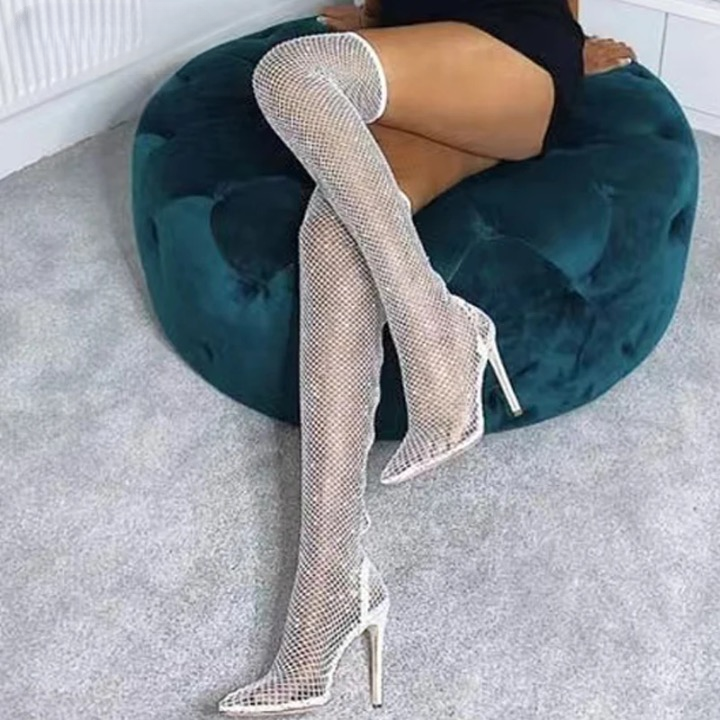 Nayeli Rhinestone Mesh Over The Knee Glove Boots