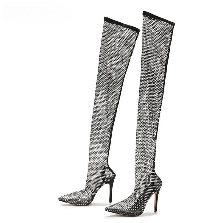 Nayeli Rhinestone Mesh Over The Knee Glove Boots