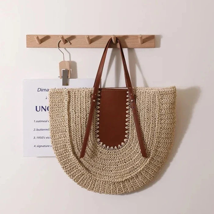 Lutie Colorblock Half Moon Straw Shoulder Bag