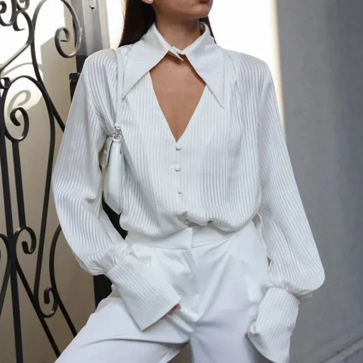 Millie Pinstripe Detachable Collar Satin Blouse