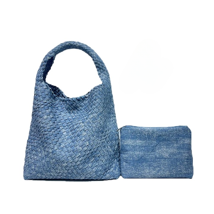 Izara Distressed Denim Serpentine Woven Totes