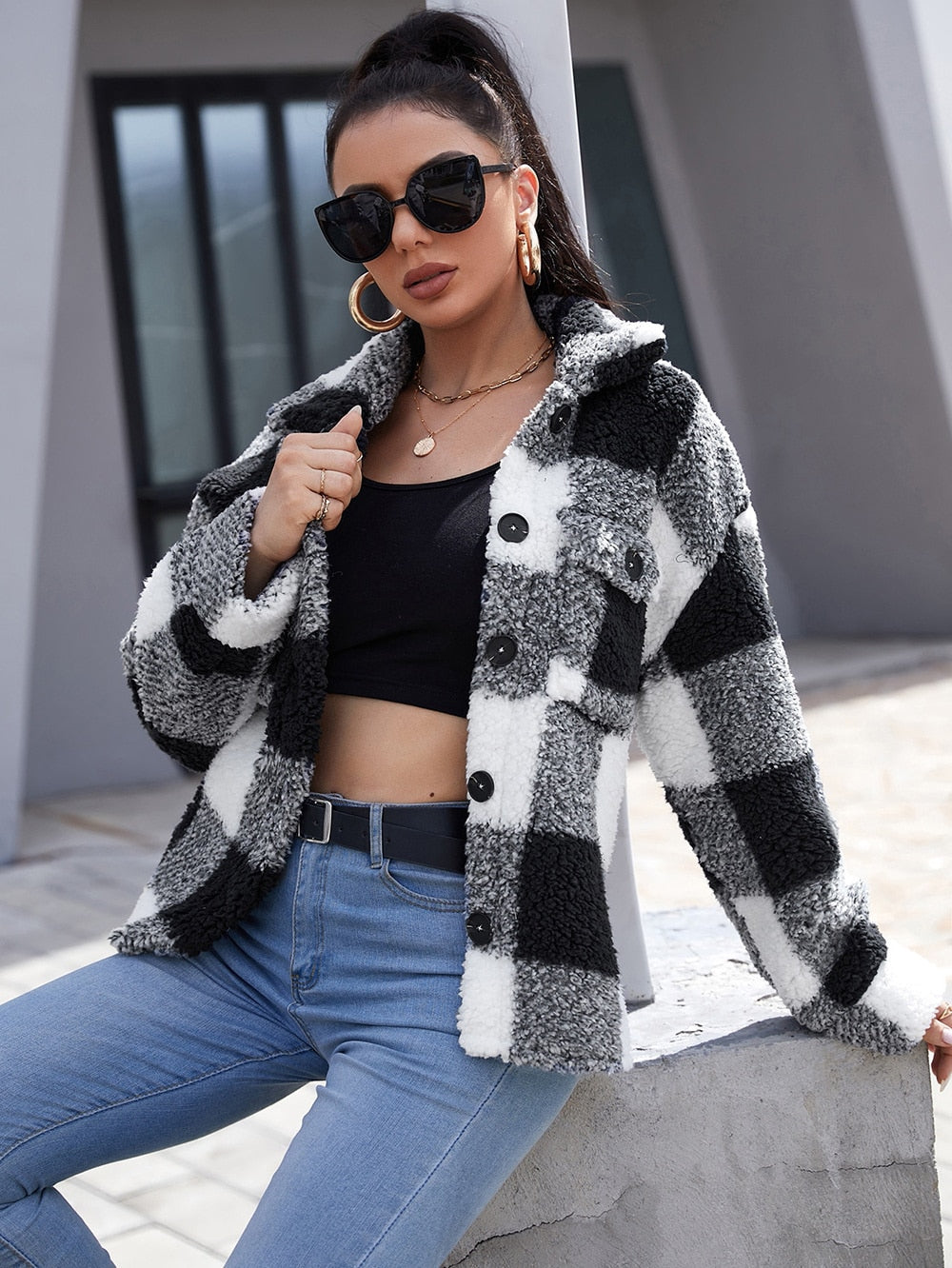 Plush Plaid Flap Pocket Coat