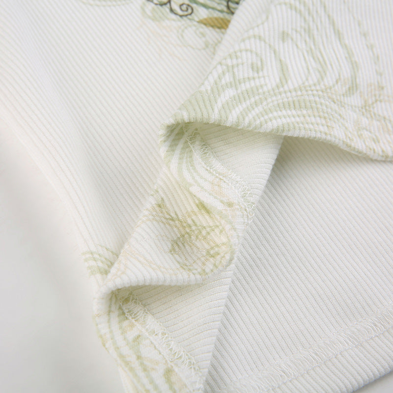 Slim Knitted Vest White Sleeveless O Neck Butterfly Vintage Print Tank Crop Tops