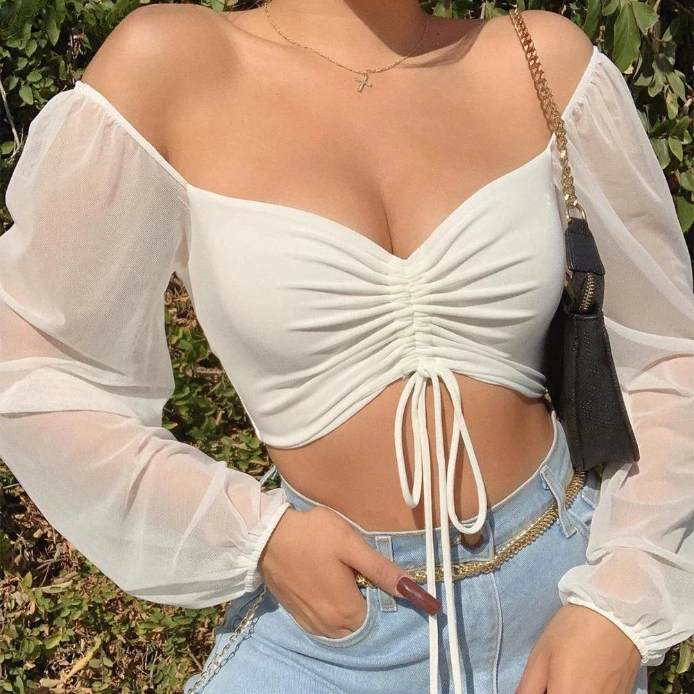 V-Neck Drawstring Bandage Sheer Top