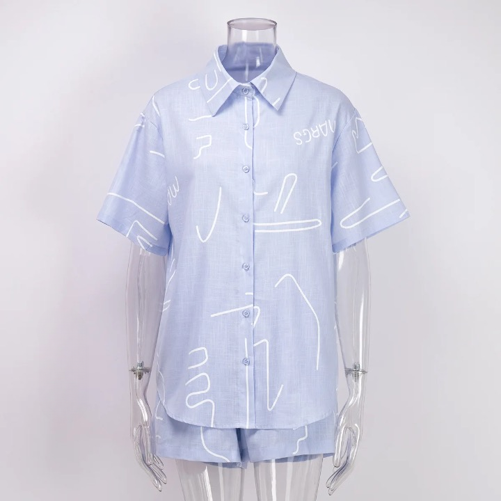 Zinnia Casual Line Drawing Print Shirts & Shorts Set