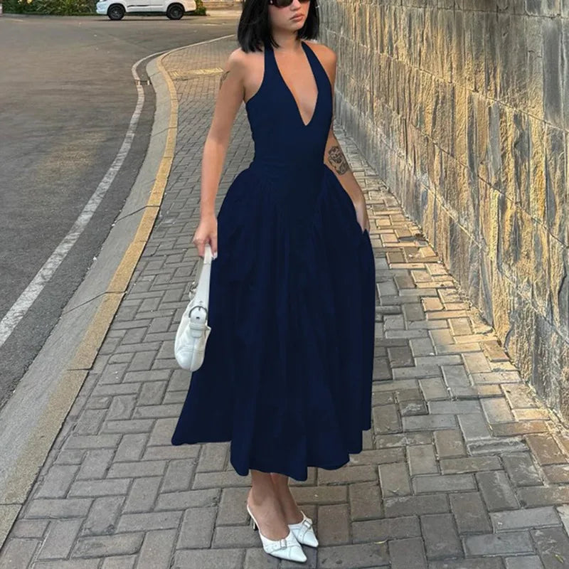 Backless Deep V Spliced Long Midi Dress