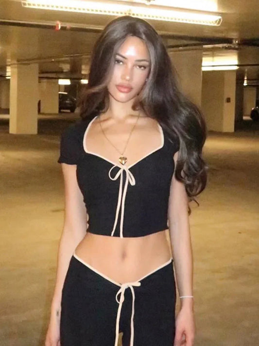 Y2K Bow Baby Tees Slim Fit Short Sleeve Crop Top