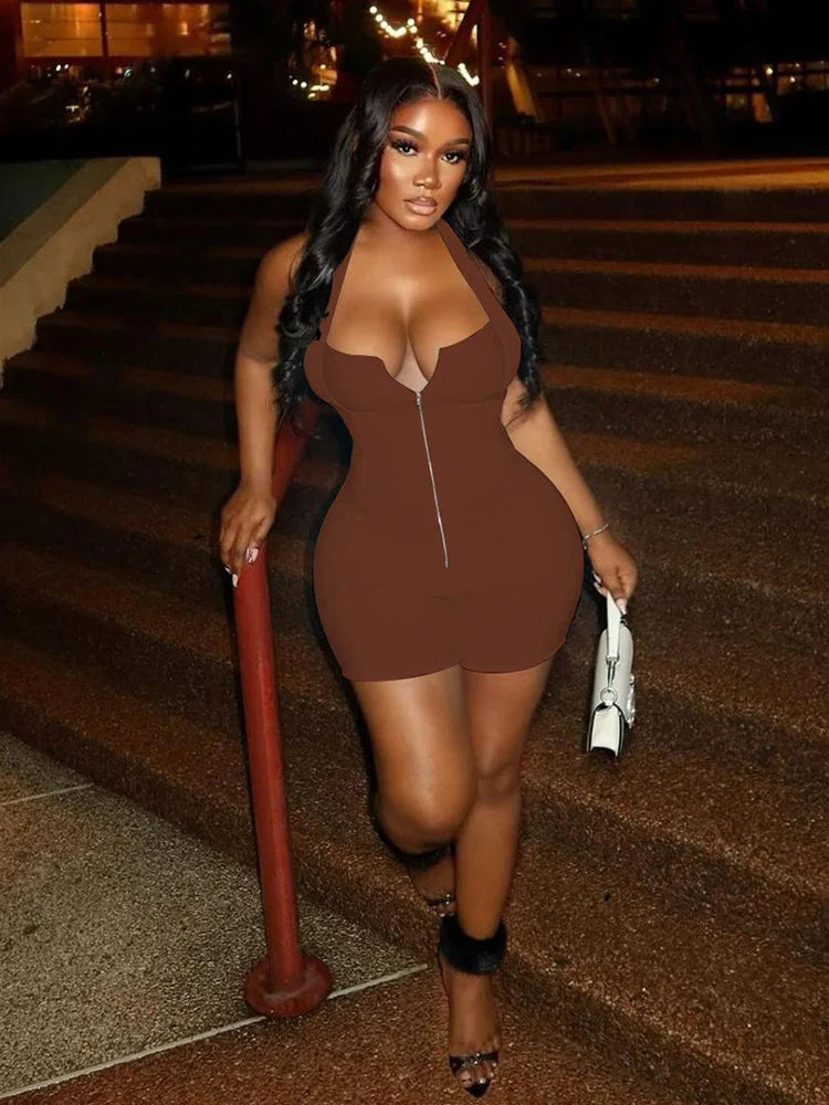Zip Halter Backless Stretch Fit Romper