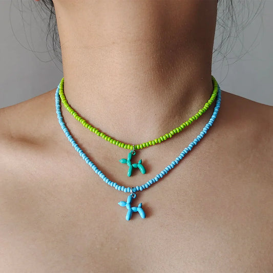 Colorful Poodle Pendant Beads Choker Necklace