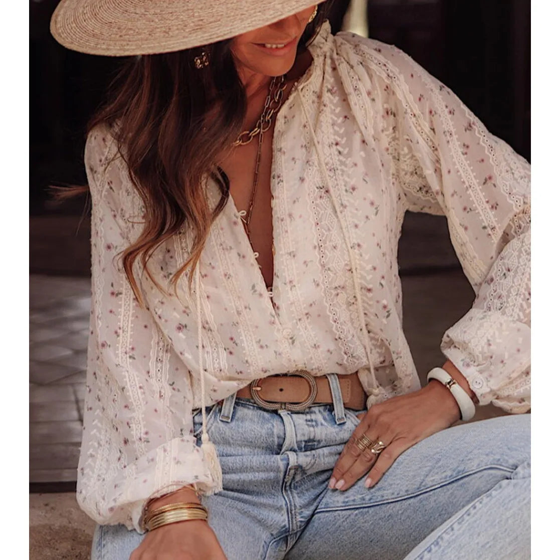 Boho Floral Printed Tassel Blouse