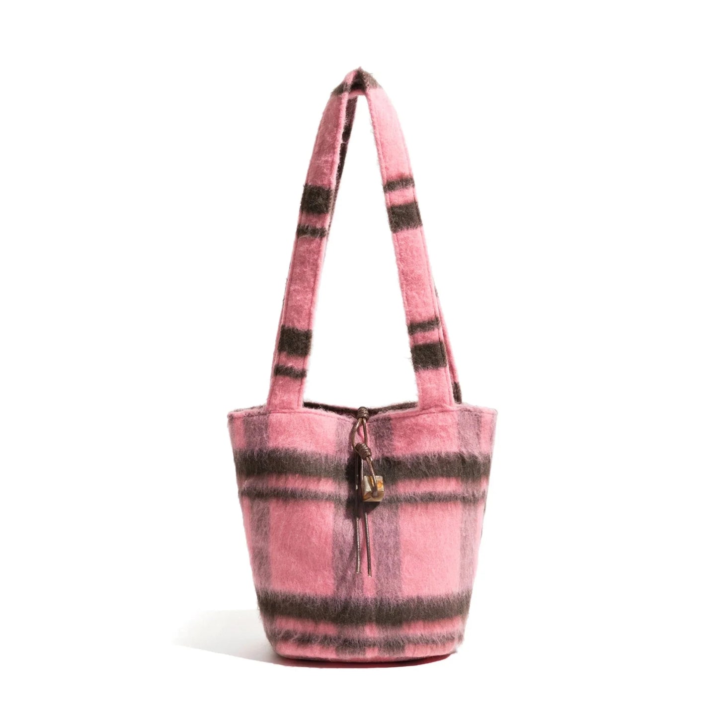 Pink Plaid Woolen Sling Bucket Bag
