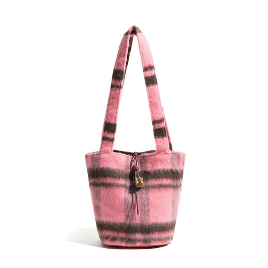 Pink Plaid Woolen Sling Bucket Bag
