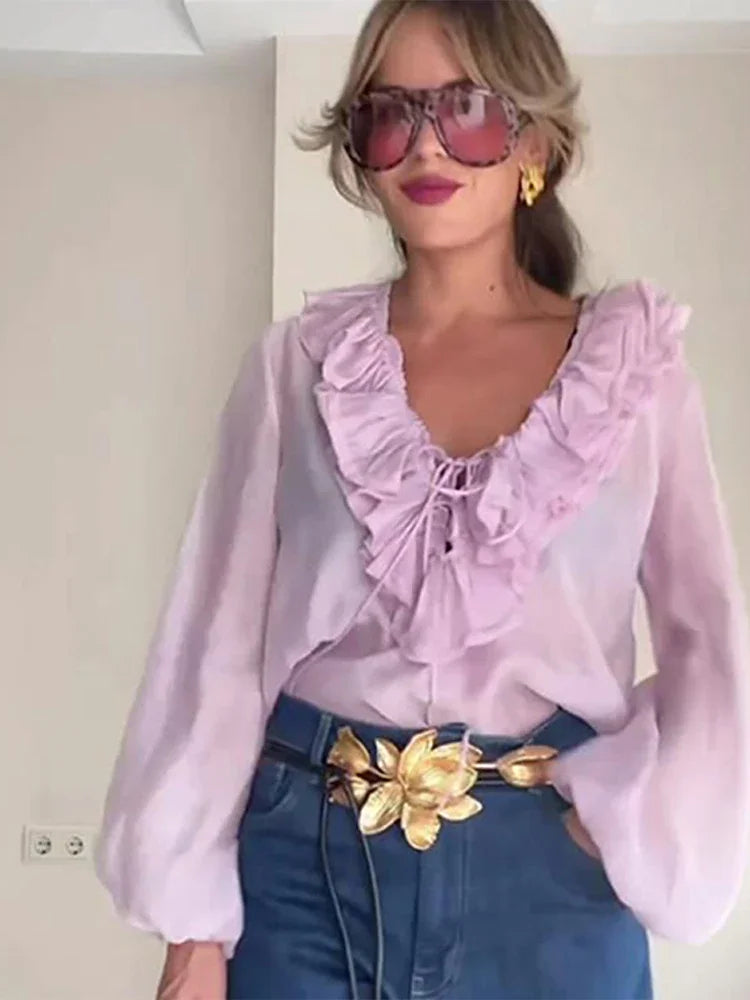 Ruffles Lace Up White V-neck Flared Blouse