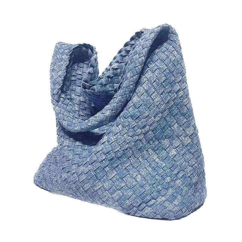 Izara Distressed Denim Serpentine Woven Totes