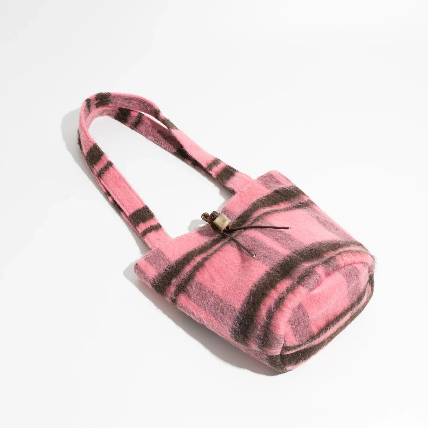 Pink Plaid Woolen Sling Bucket Bag