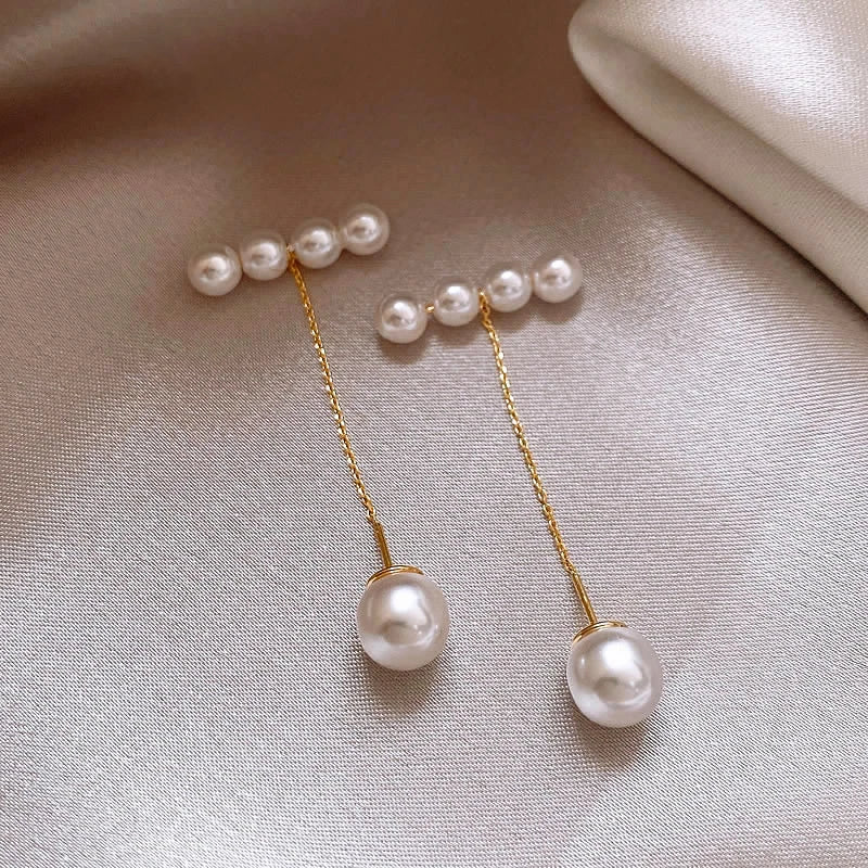 Bar and Pearl Pendant Drop Earrings