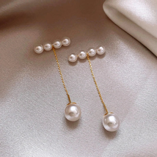 Bar and Pearl Pendant Drop Earrings