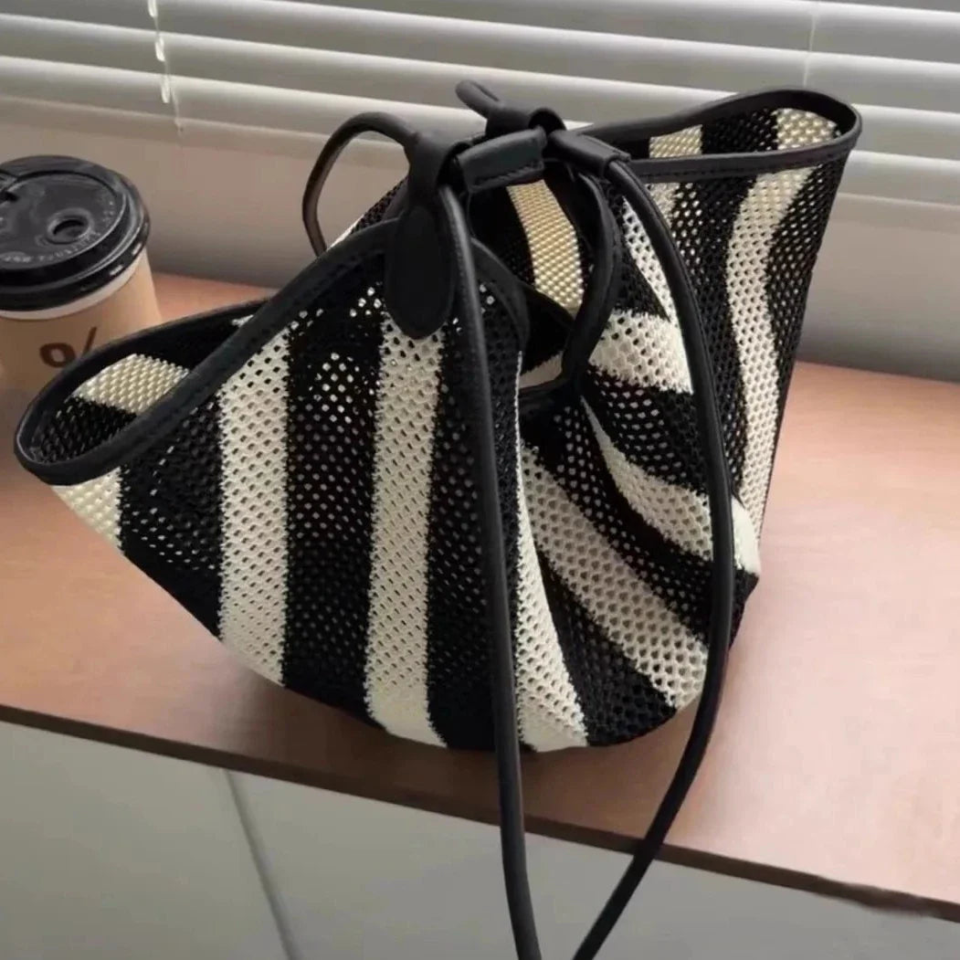 Josia Black & White Stripe Straw Tote Bag
