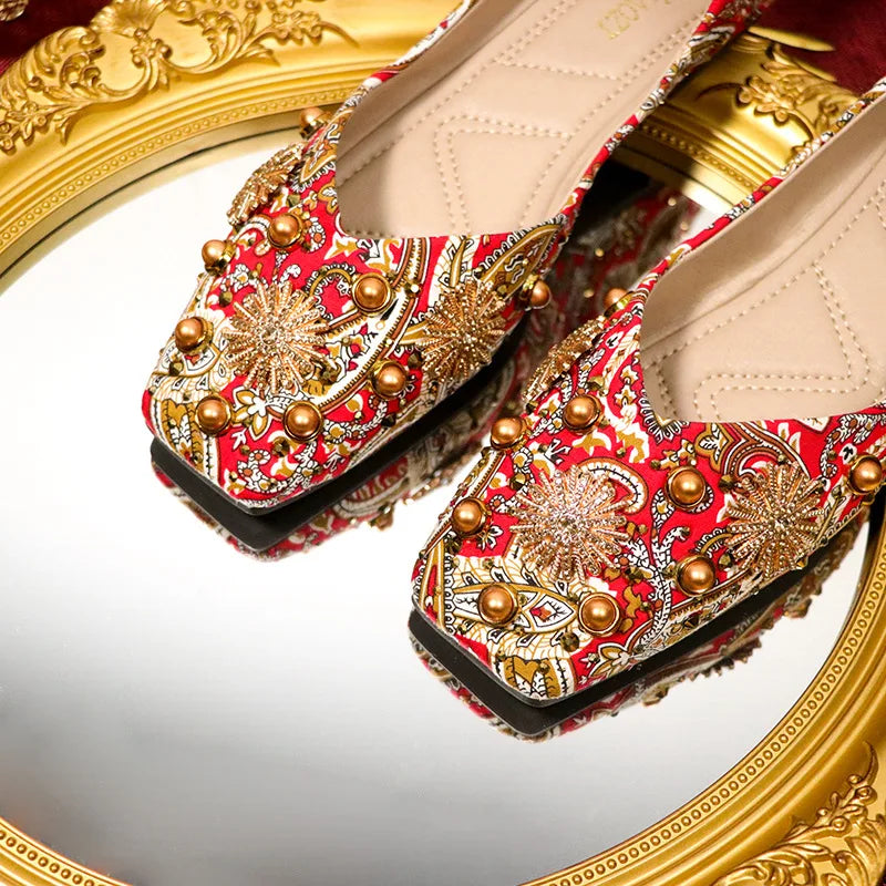 Meera Luxe Royal Red Prints Ballet Flats