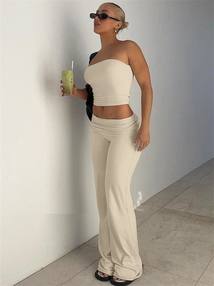Fold Over Strapless Two Piece Pants Set