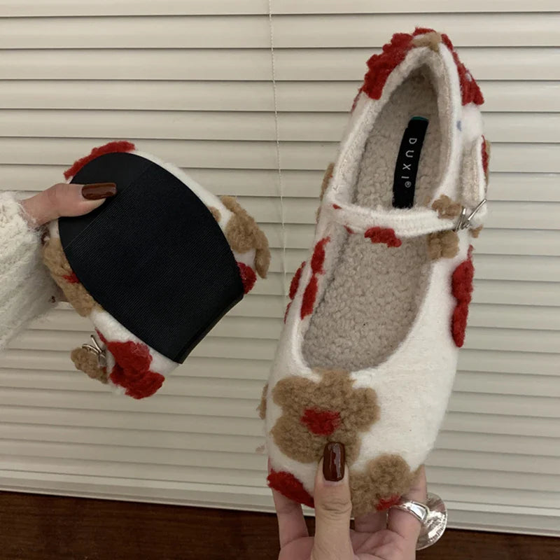 Lorie Vintage Floral Faux Fur Ballet Flats