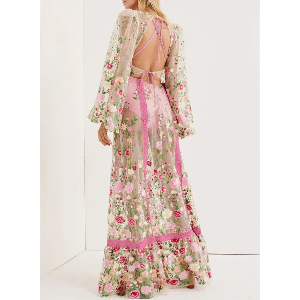 Sheer Lace Embroidery Floral Dress