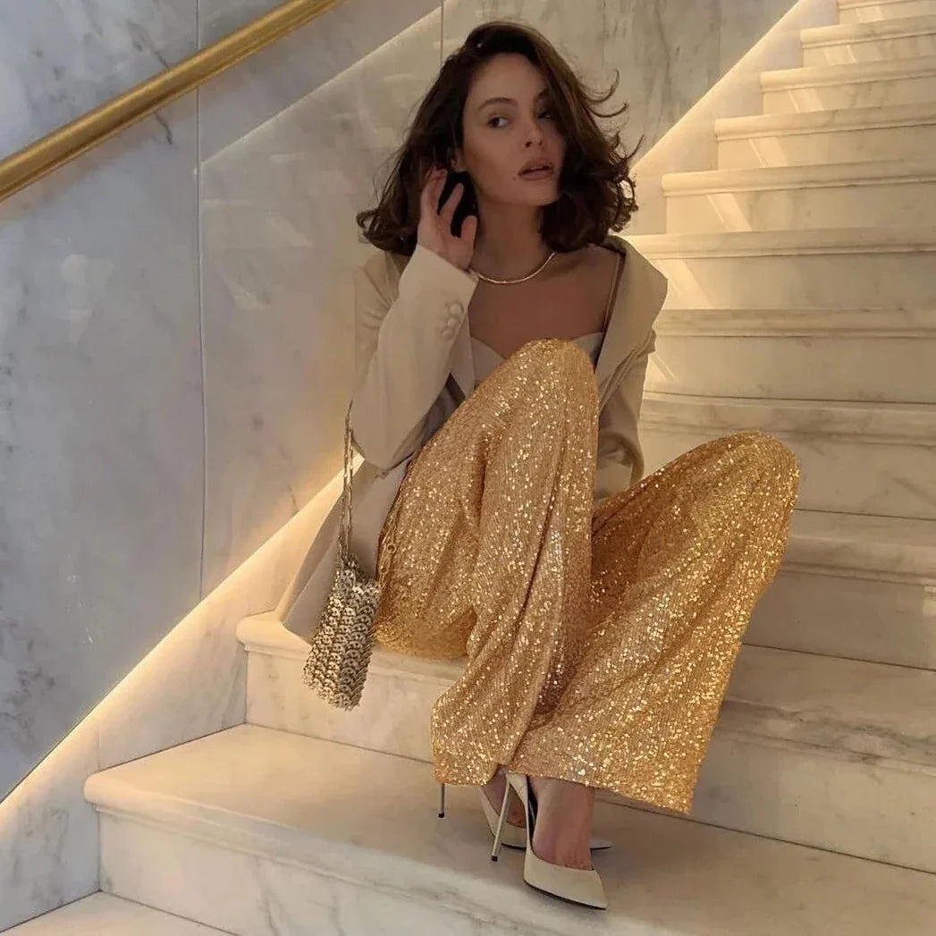 Shona Metallic Sequin Wide Leg Pants