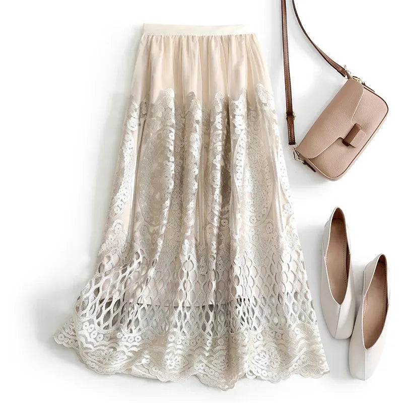 Wylla Metallic Embroidery Lace Tulle Midi Skirt