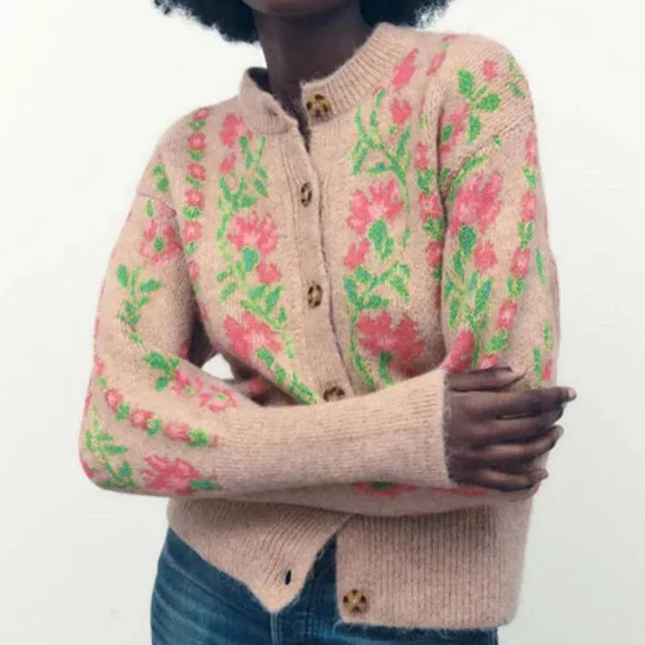 Emilee Sweet Floral Intarsia Cardigan Sweater