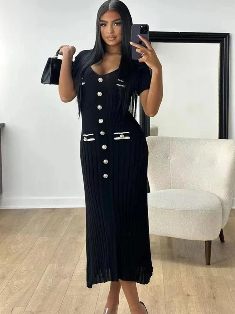 V-Neck Knitted Short Sleeve Button Work Dress