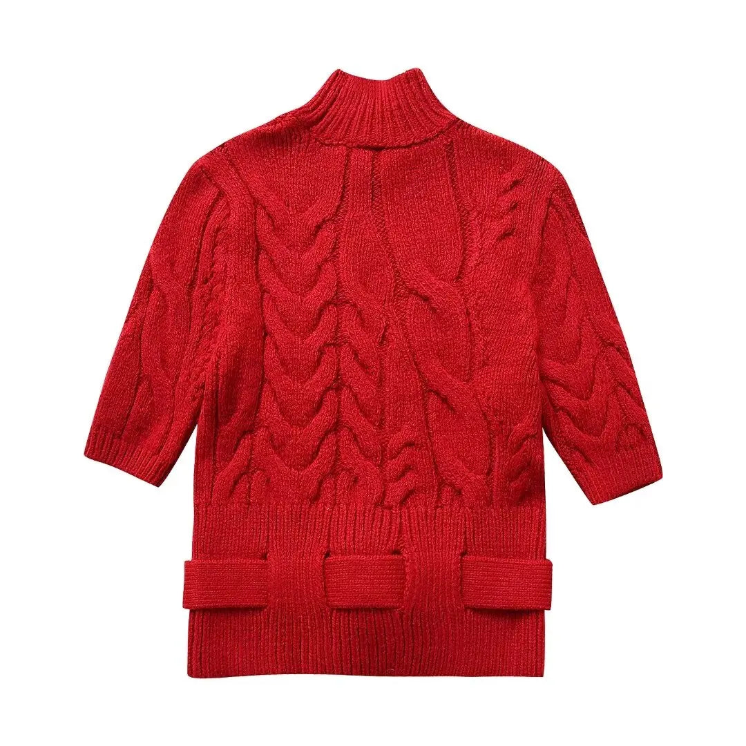 Rubina Red Cable Knit Belted Turtleneck Sweater