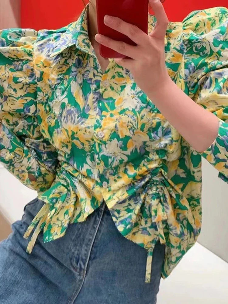 Carolina Spring Floral Puff Sleeve Shirring Blouse