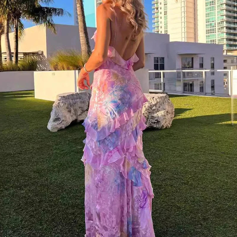 V Neck Ruffled Slim Suspender Floral Dress