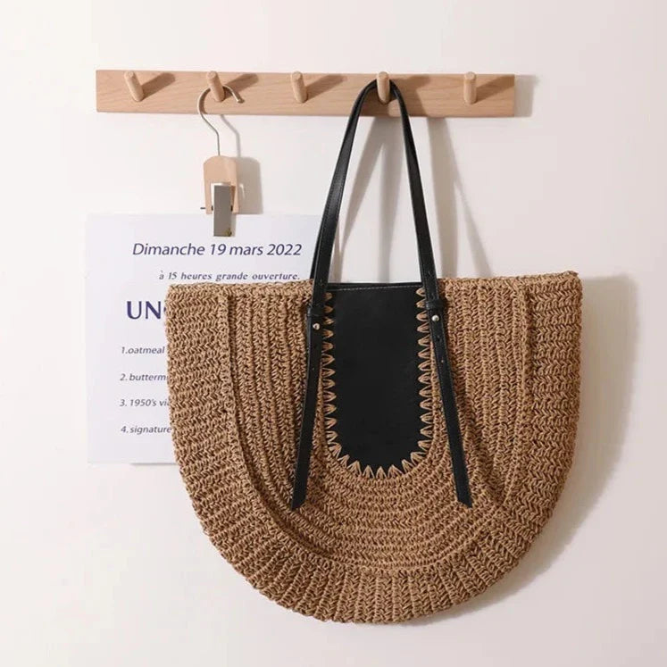 Lutie Colorblock Half Moon Straw Shoulder Bag