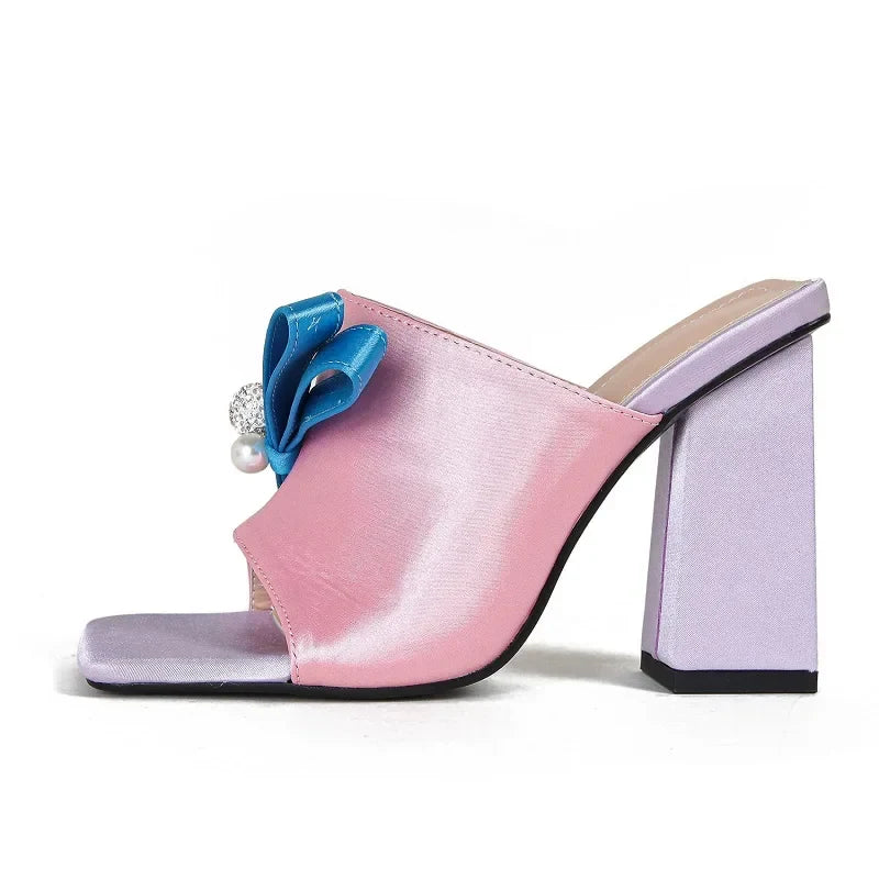 Kailin Bow Knot Satin Square Mule Pumps