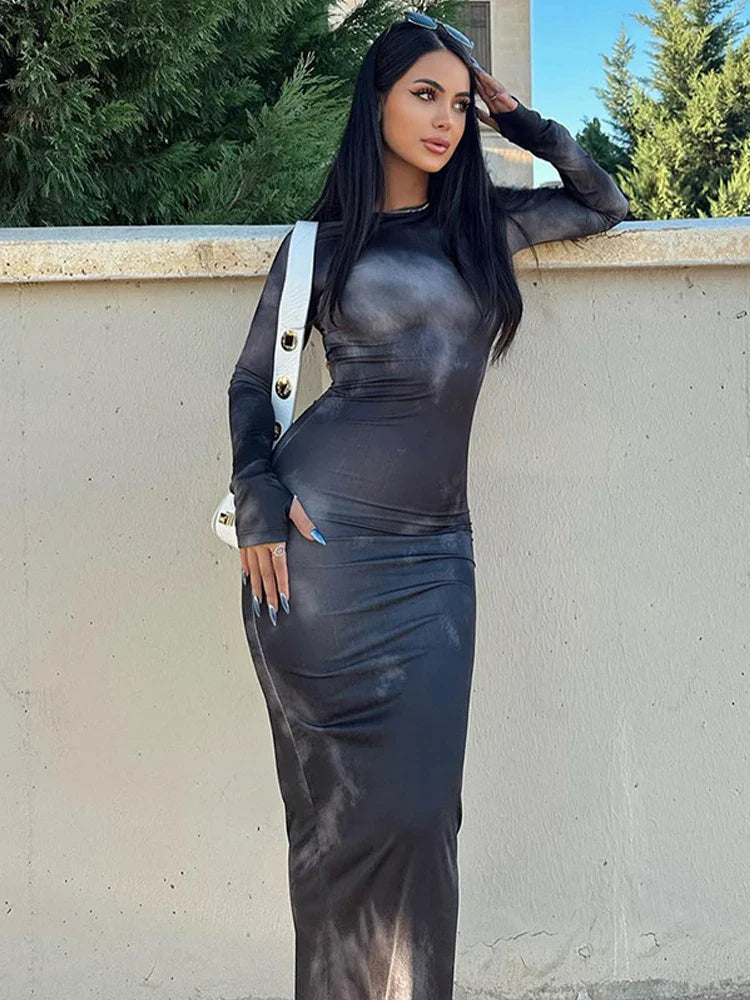 Tie Dye Long Sleeve Wrap Midi Dress