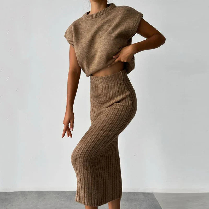 Giona Casual Knit O-neck Top & Bodycon Skirts Set