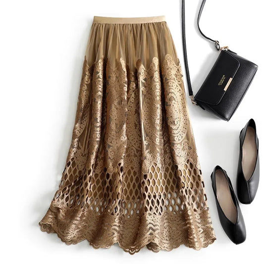 Wylla Metallic Embroidery Lace Tulle Midi Skirt