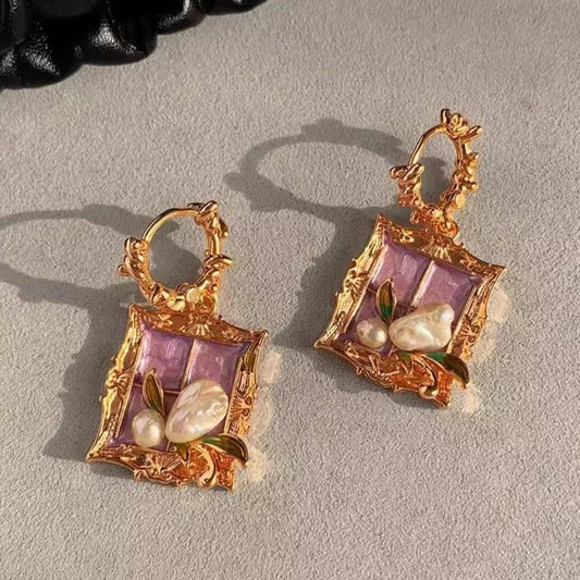 Vintage Pearl Gold Baroque Frame Flower Earrings & Necklace