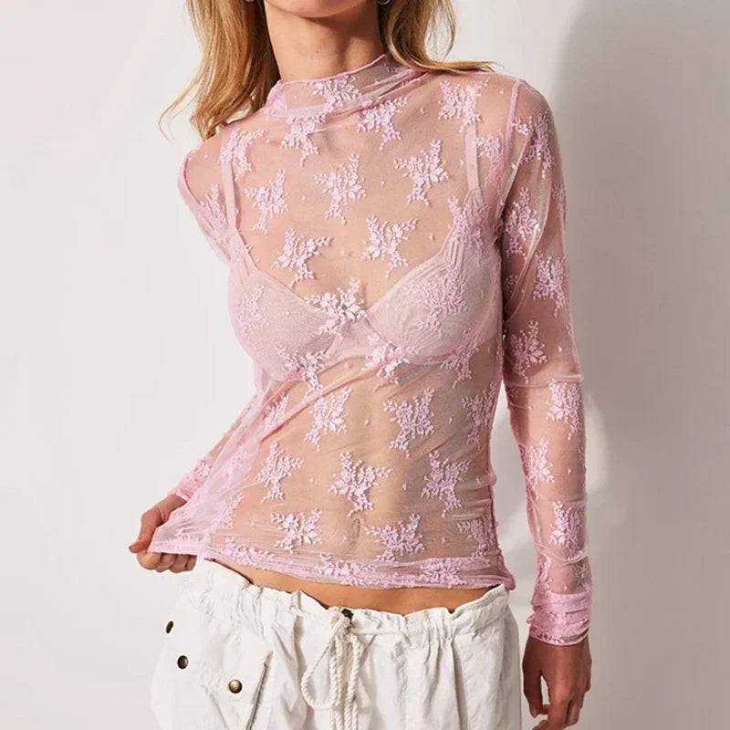 Mesh Long Sleeve Sheer Top