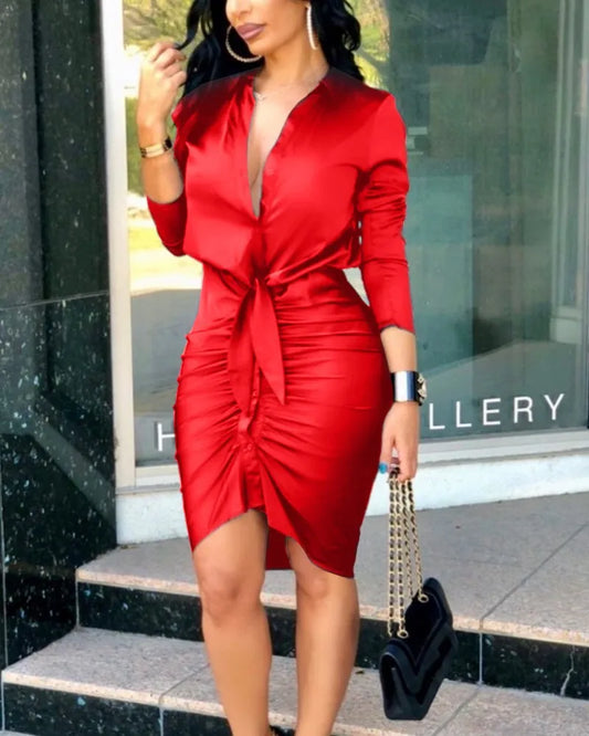 Deep V Neck Long Sleeve Bodycon Work Dress