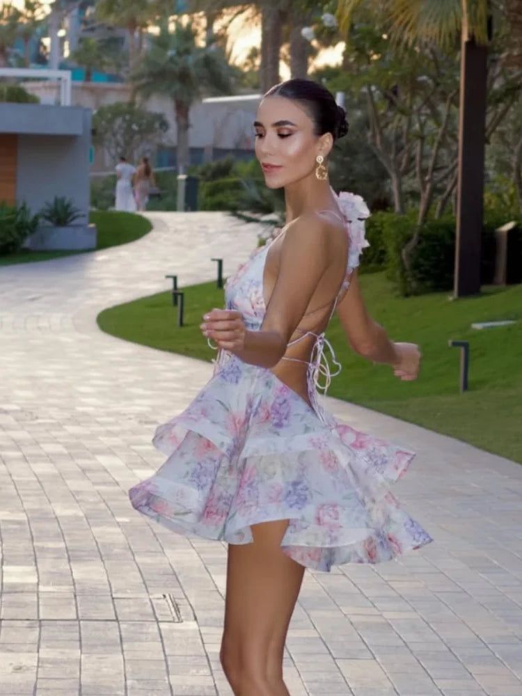 Ruffle Lace-up Sleeveless Floral Dress