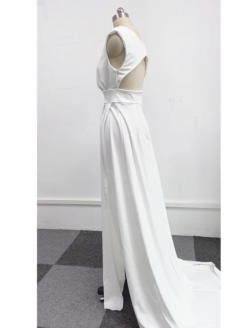 Elegant Casual Women's Dresses V-neck Side Slit Backless White Long Skirt Wedding