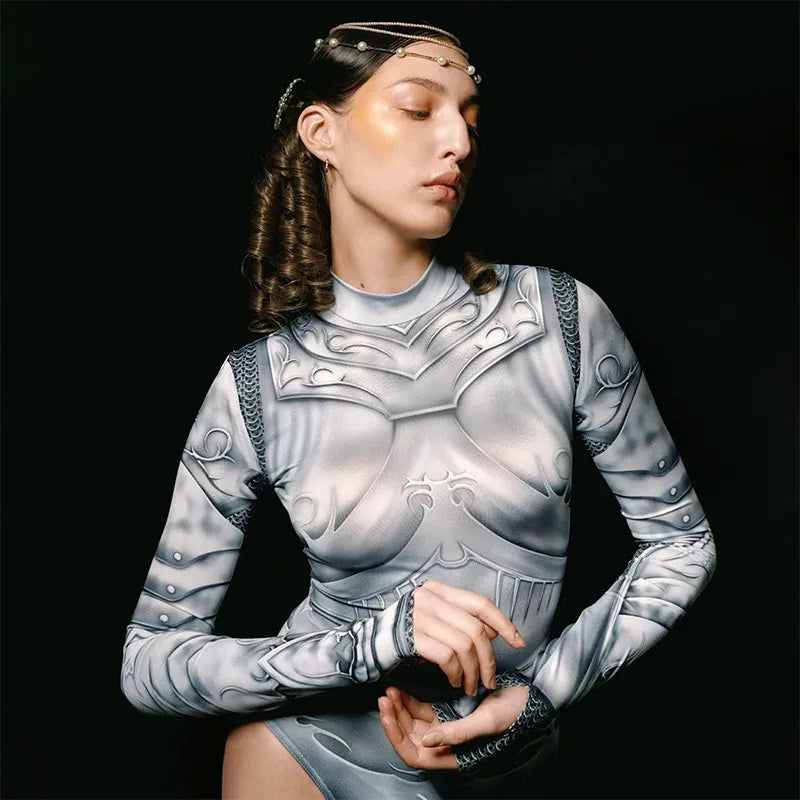 Cosima Silver Armor Prints Bodysuit