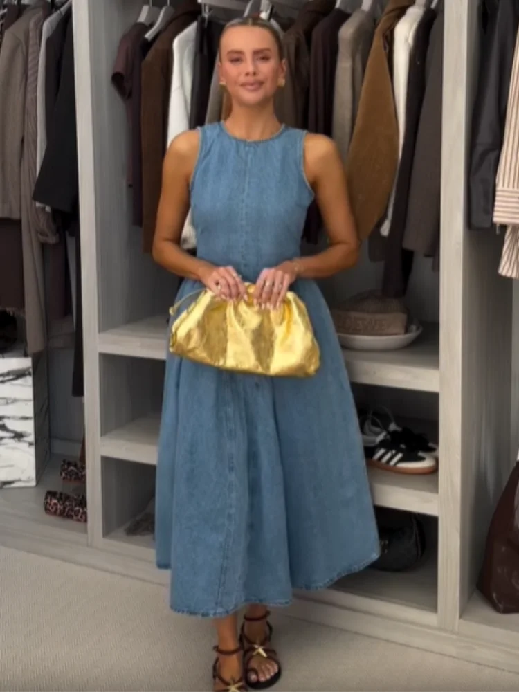 Denim Slim O-Neck Sleeveless High Waist Pleated Work Dress